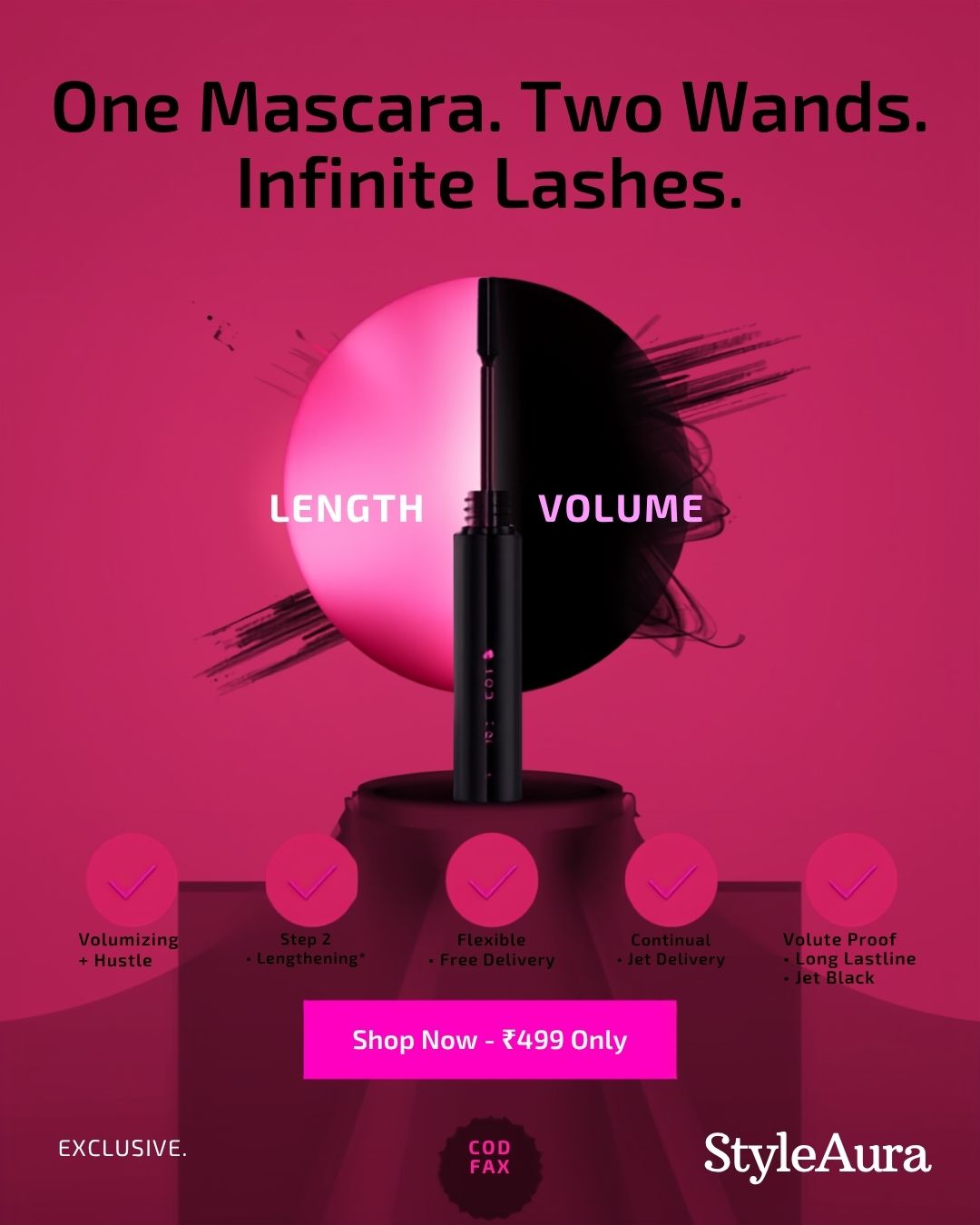 Ronzille 2-in-1 Mascara – Volumizing & Lengthening | Smudge Proof | Long Lasting 15ml