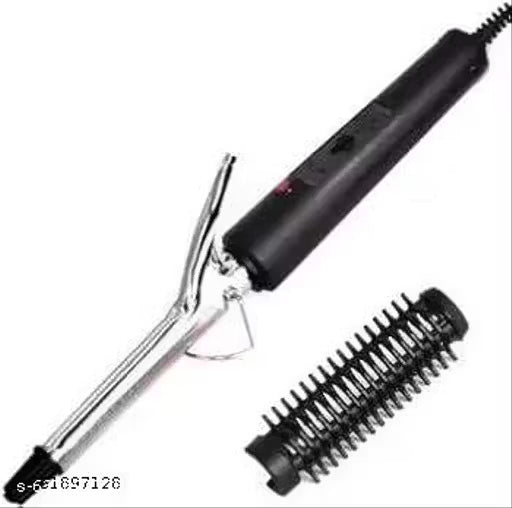 Hair styling tool with curling iron and brush attachments on a white background