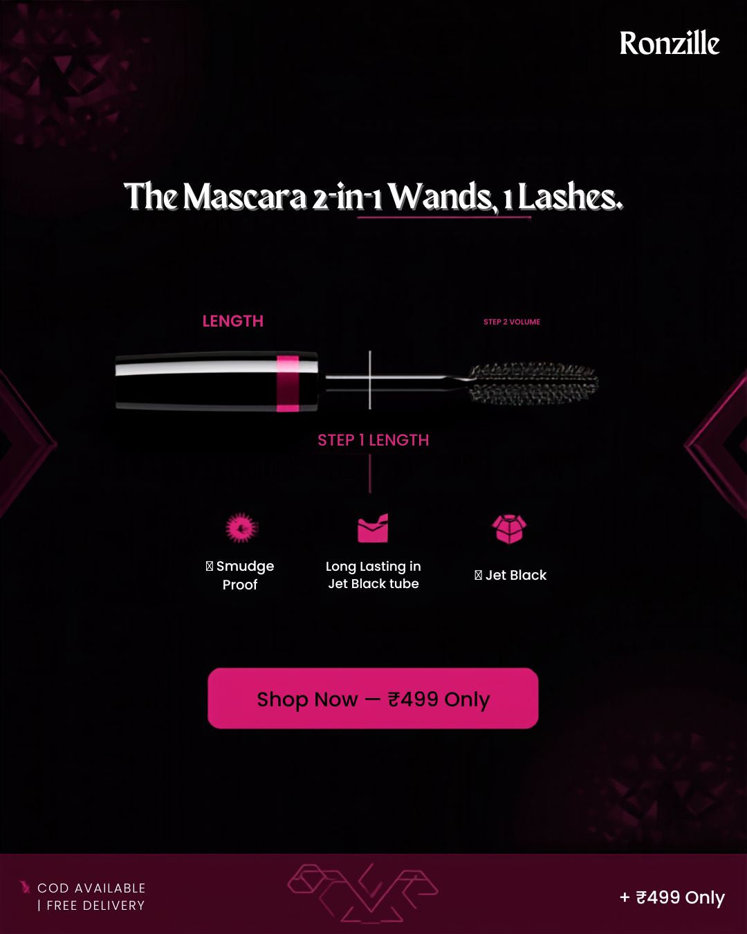 Ronzille 2-in-1 Mascara – Volumizing & Lengthening | Smudge Proof | Long Lasting 15ml