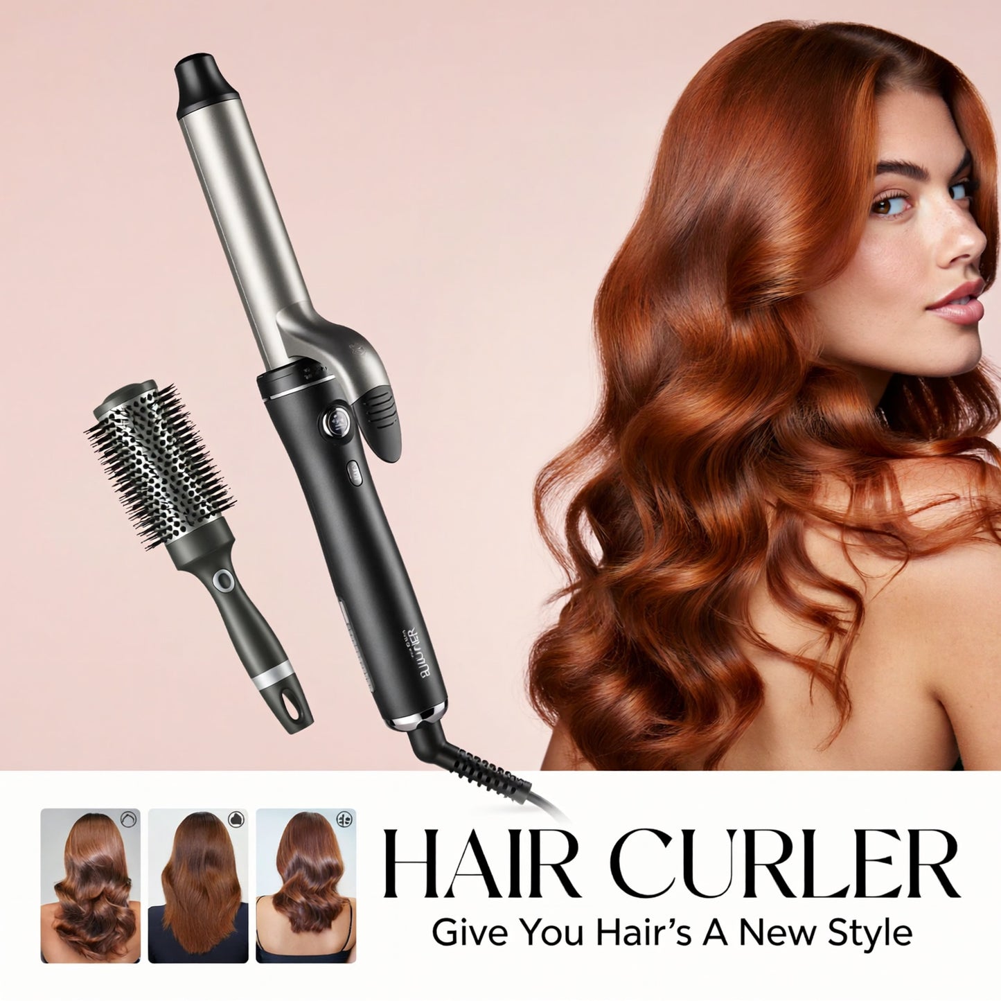 Hair curler with a woman having styled hair on a beige background