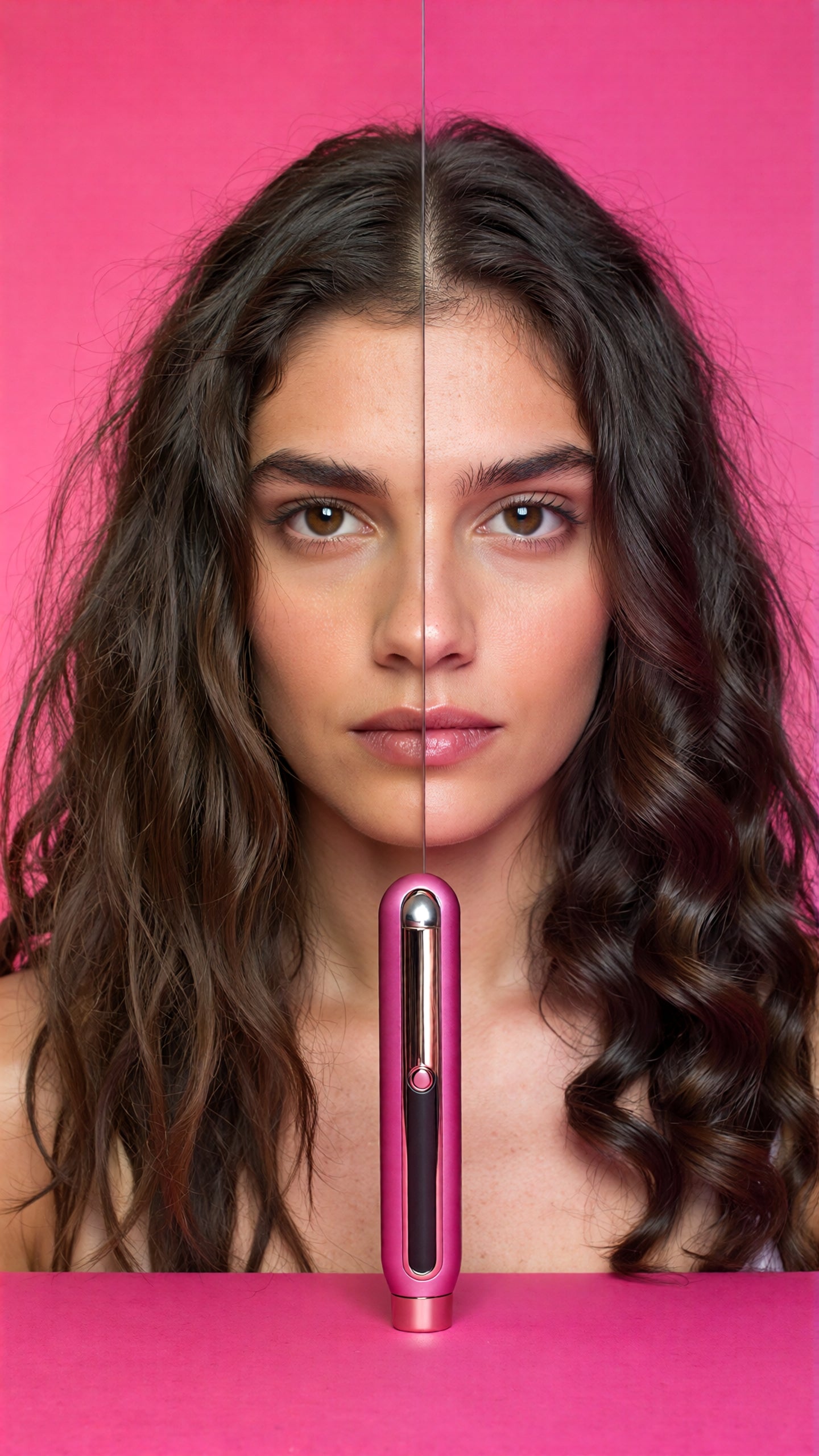 Woman with a pink hair straightening iron on a pink background