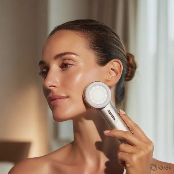 Load video: Luxury facial cleansing brush in use with foamy cleanser, showing deep pore cleansing and glowing skin results.